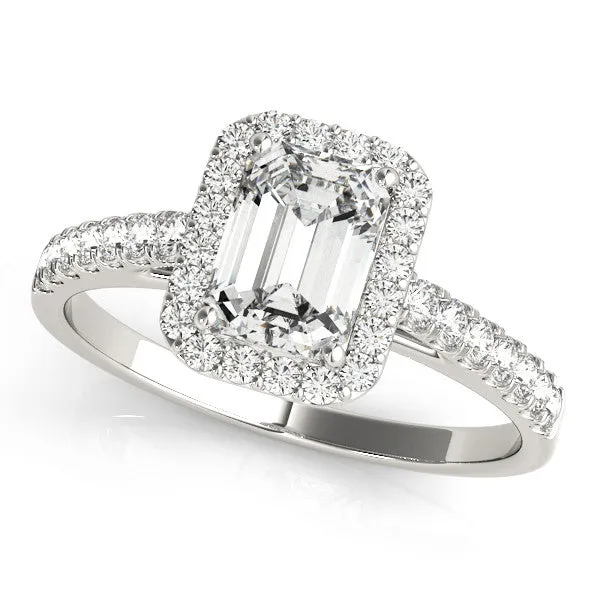 14K White Gold Emerald Cut Diamond Halo Engagement Ring With Pave Accent Diamonds