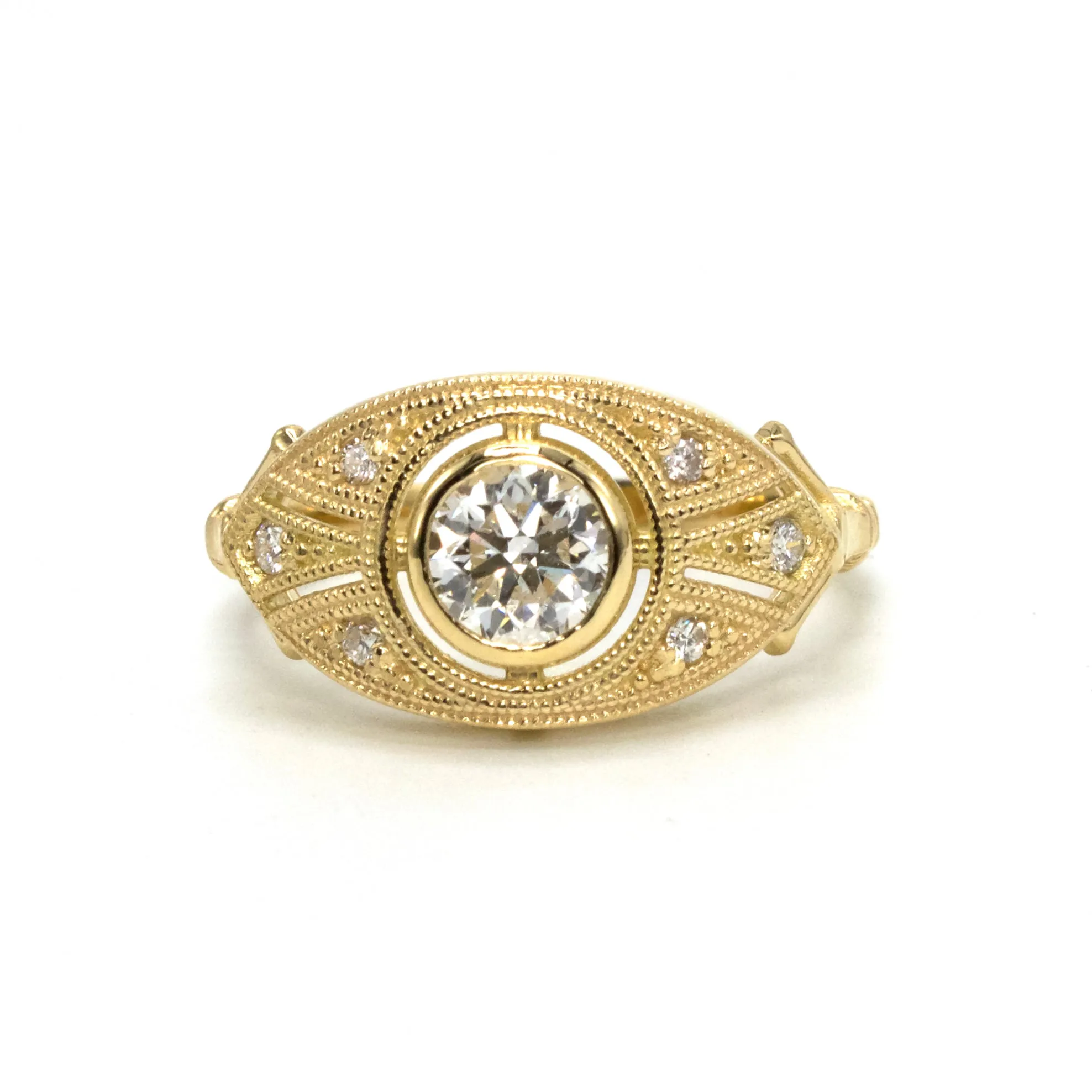 18K Yellow Gold Almond Shaped Art Deco Style Ring with 0.52 Carat Bezel Set Diamond