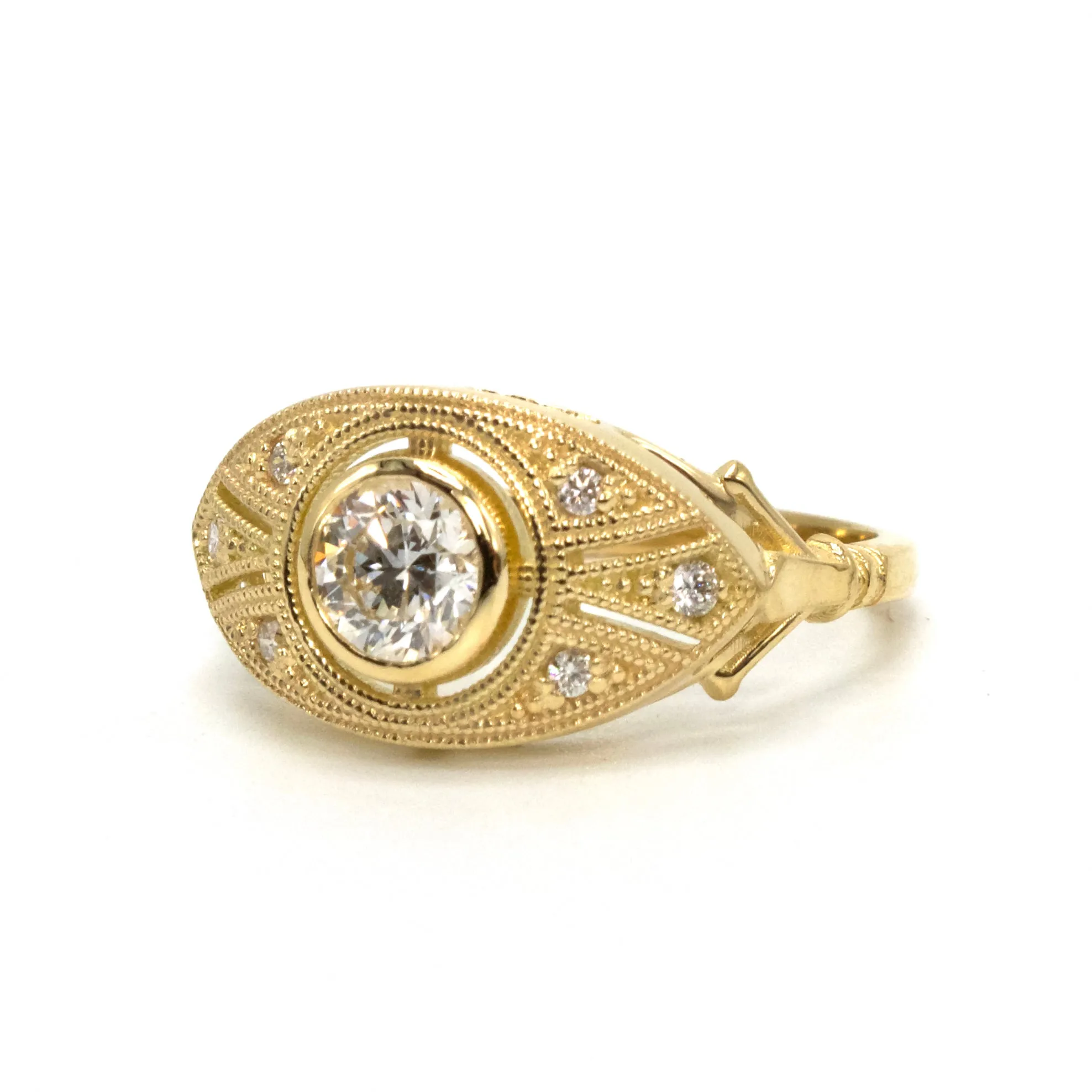 18K Yellow Gold Almond Shaped Art Deco Style Ring with 0.52 Carat Bezel Set Diamond
