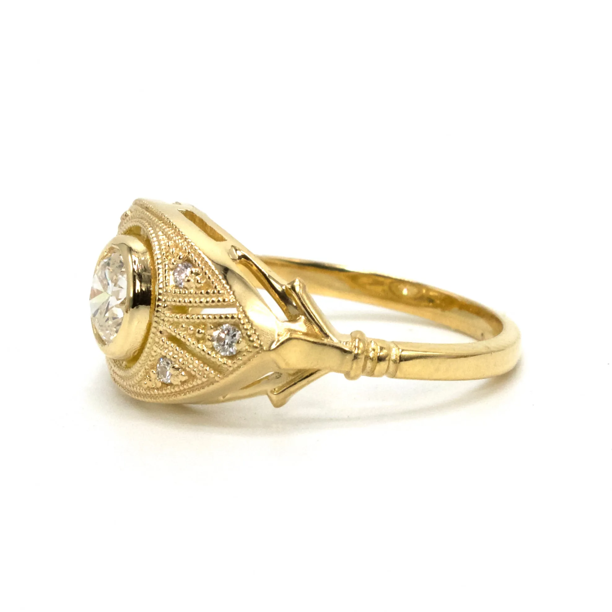 18K Yellow Gold Almond Shaped Art Deco Style Ring with 0.52 Carat Bezel Set Diamond