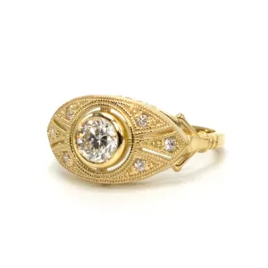 18K Yellow Gold Almond Shaped Art Deco Style Ring with 0.52 Carat Bezel Set Diamond