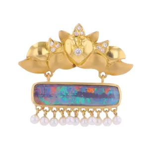18K YG Boulder Opal & Pearl Brooch