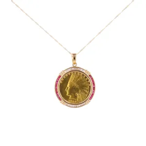 18K YG Ruby & Diamond 1912 Indian Head Coin Pendant