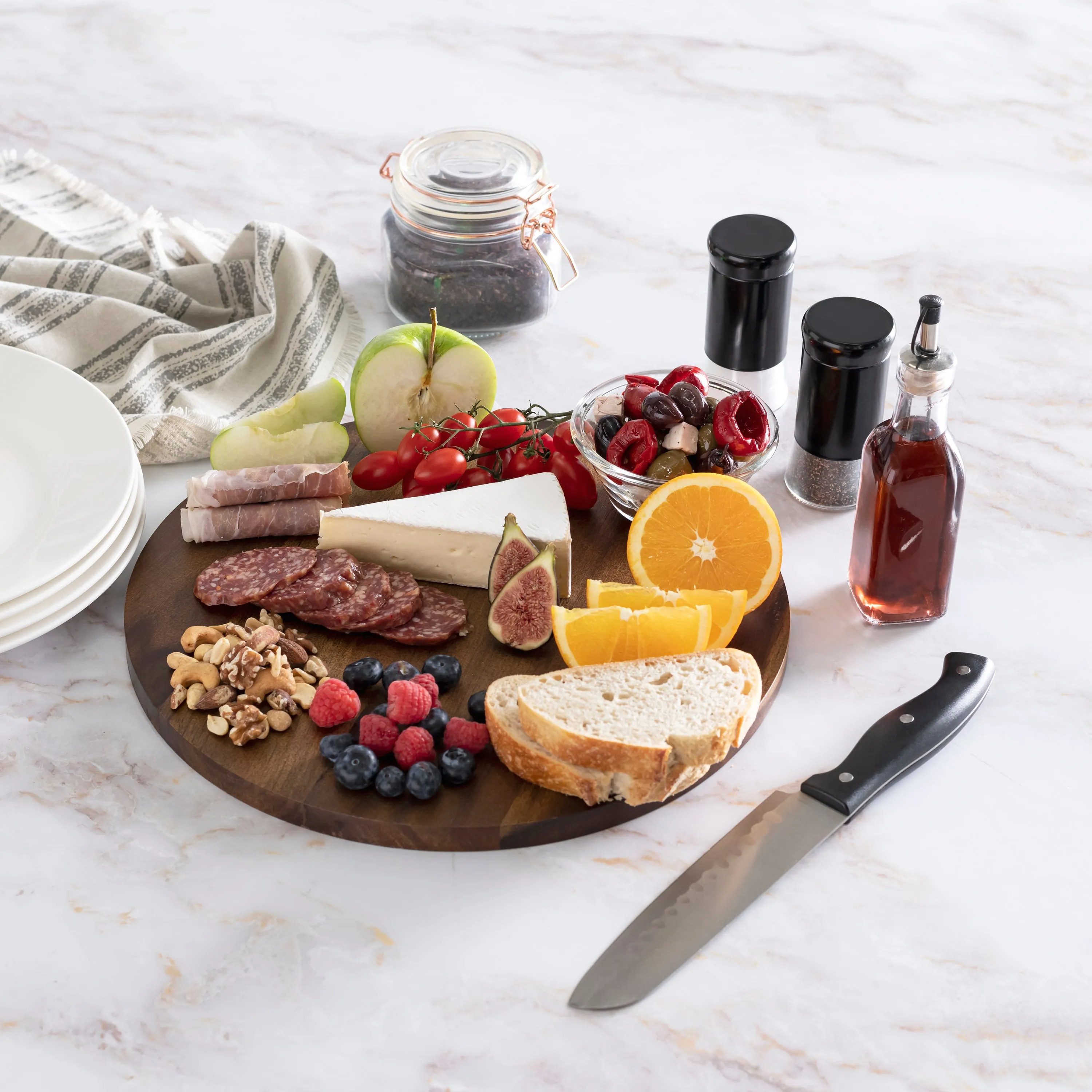 Acacia Wood Round Board with Metal Accent - 13.85" Durable Cutting Board