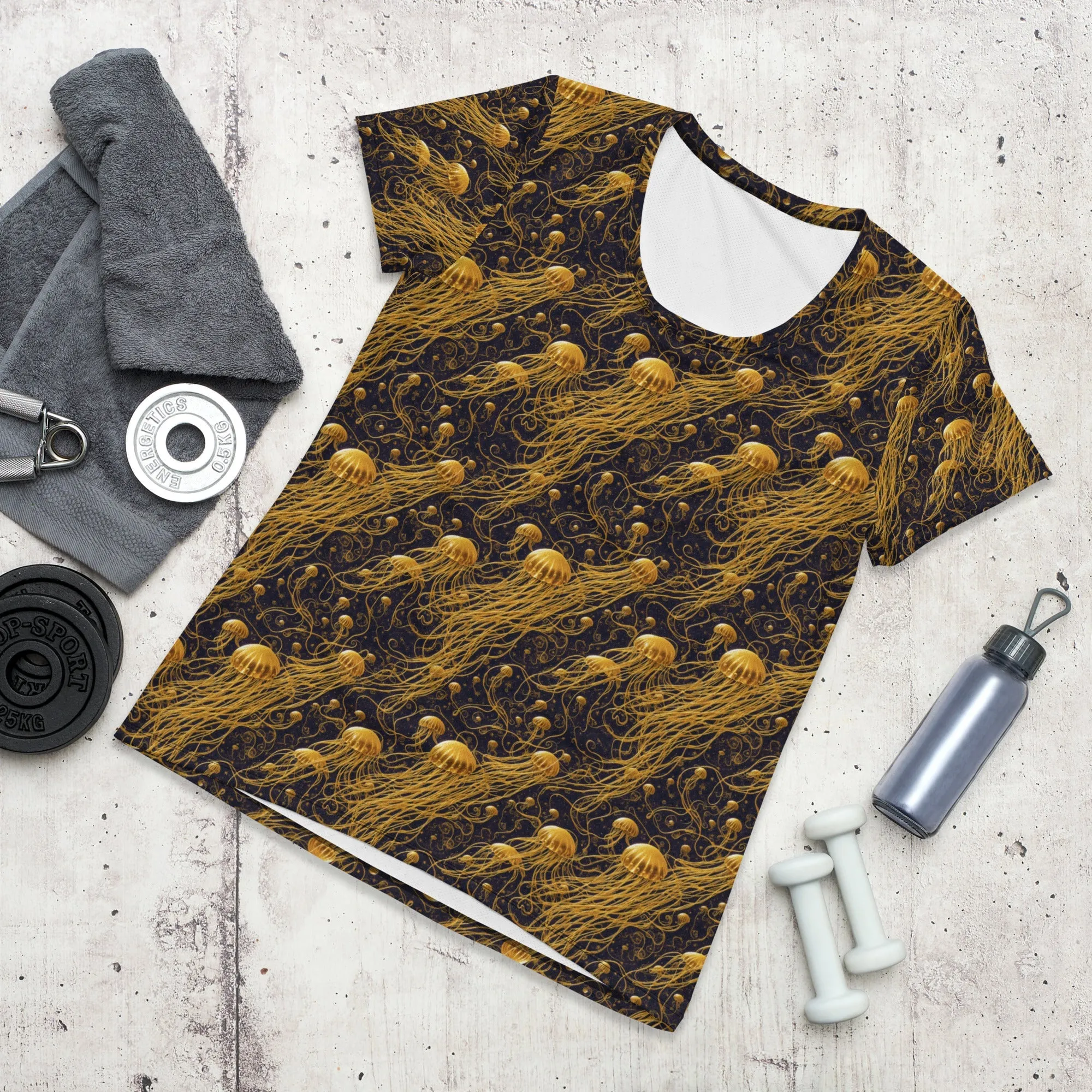 Athletic T-shirt - Black and Gold Jellyfishes
