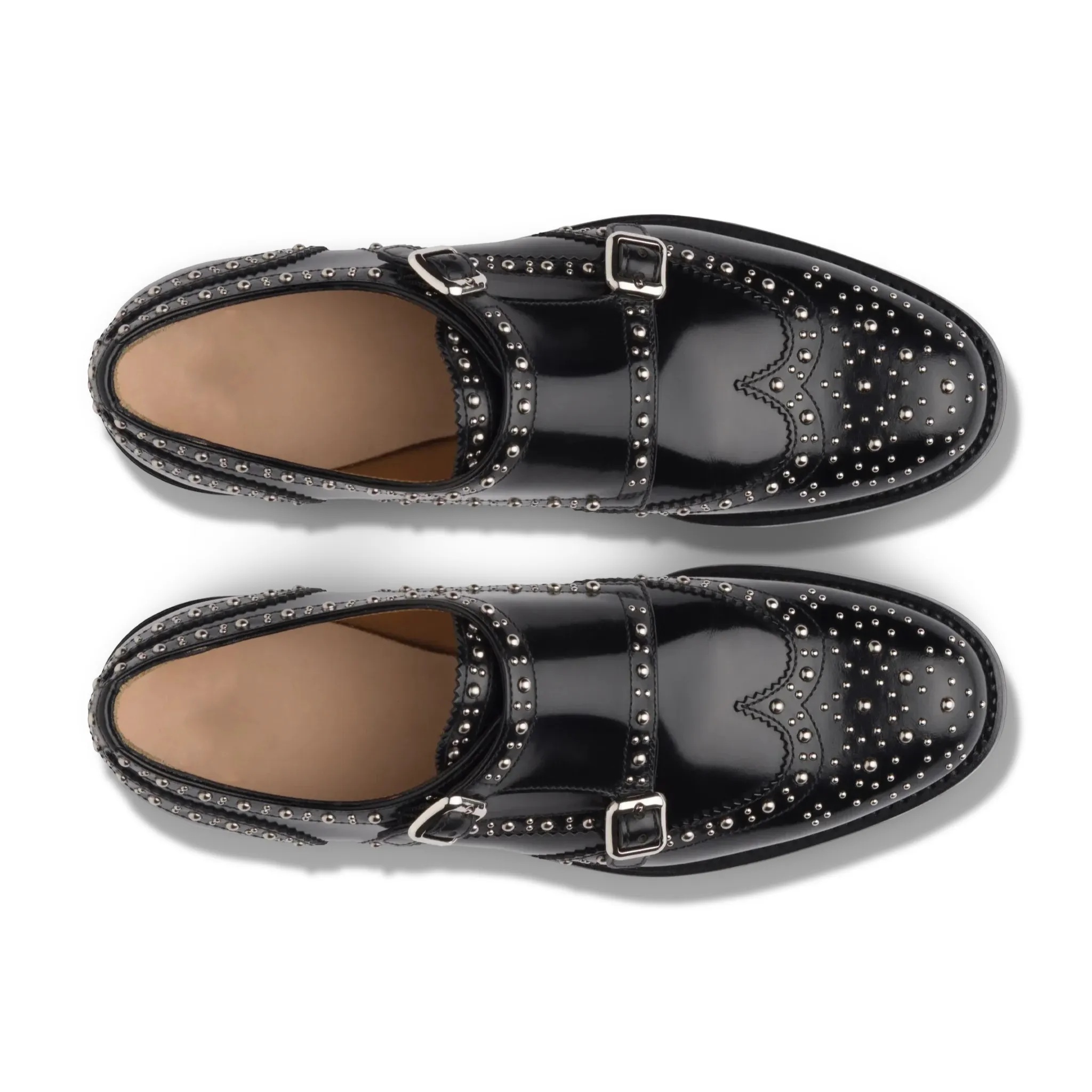 Black Leather Spike Studded Atsabe Wingtip Monk Straps Shoes
