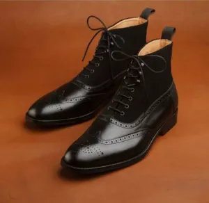 Black Wingtip Brogue Lace-Up Leather Boots for Men
