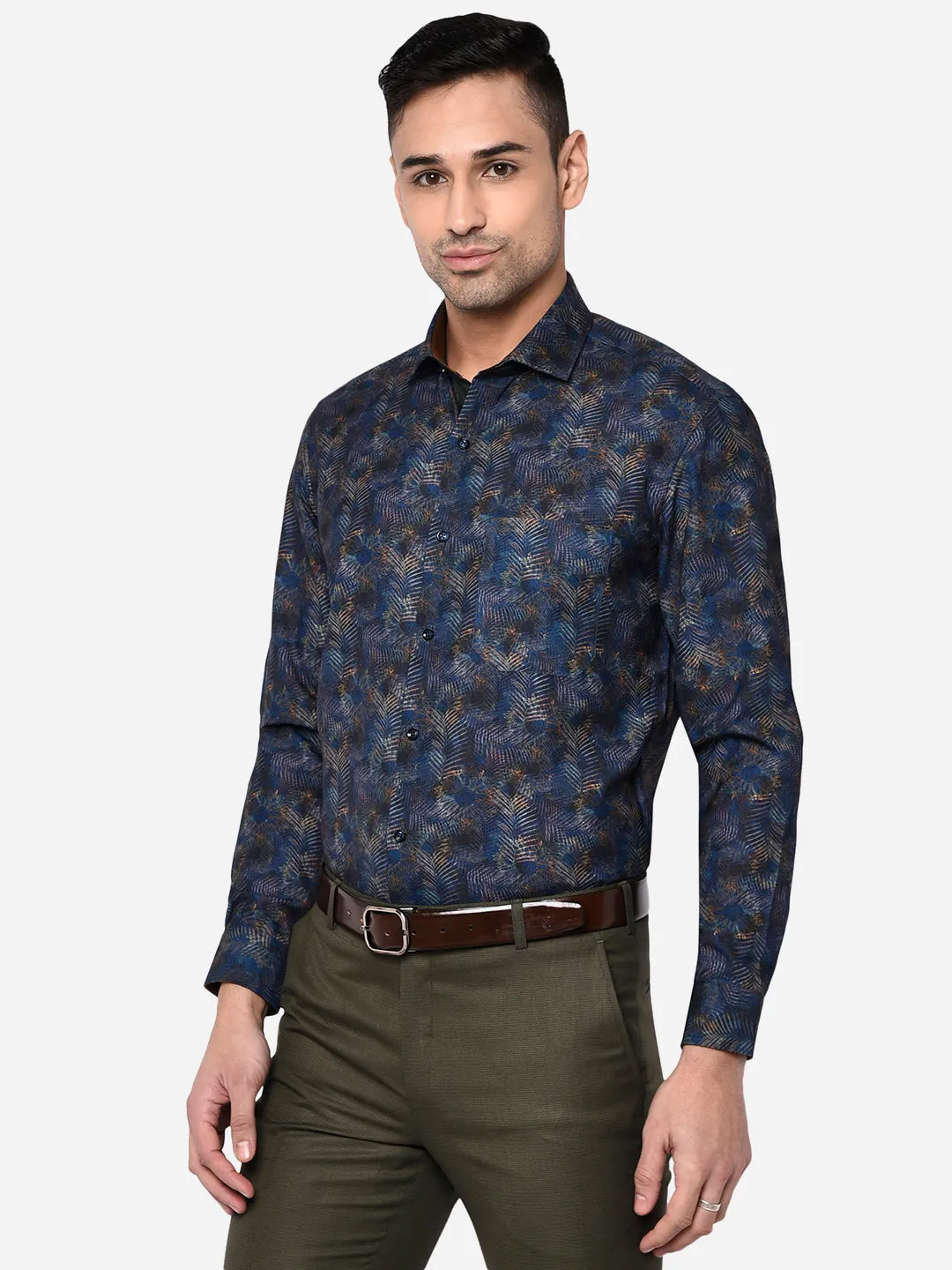 Blue Printed Slim Fit Party Wear Shirt | Greenfibre