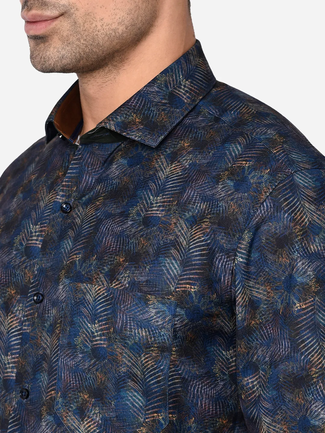 Blue Printed Slim Fit Party Wear Shirt | Greenfibre