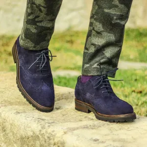 Blue Wing Tip Full Brogue Suede Shoes for Men