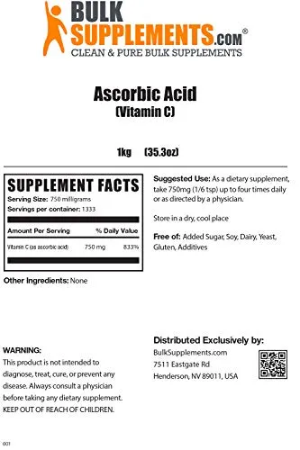 BulkSupplements.com Vitamina C Polvo – Ácido ascórbico puro (2.2 lbs – 2.2 lbs – 1333 porciones) sin OMG – Sin gluten