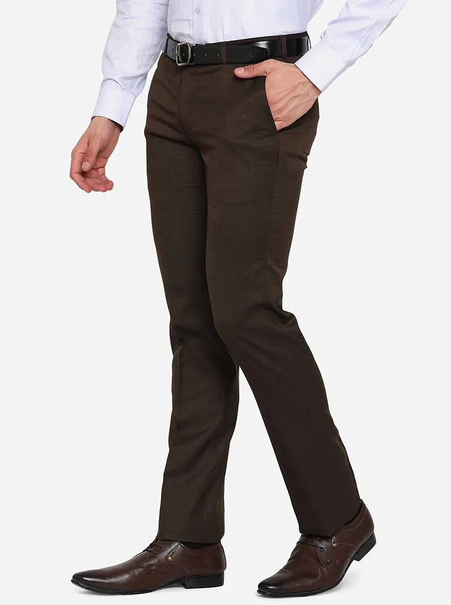 Coffee Brown Solid Slim Fit Formal Trouser | Metal