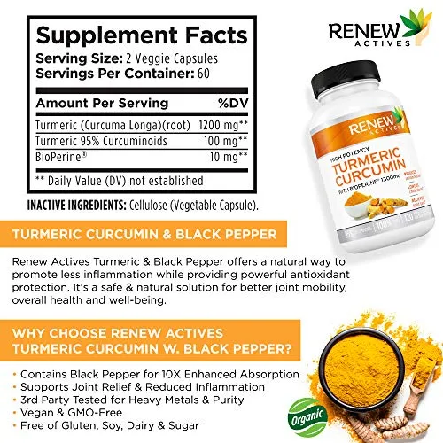 Cúrcuma de doble fuerza   cápsulas de pimienta negra, curcumina de cúrcuma sin OMG con bioperina, beneficios antiinflamatorios y antiedad, sensación menos dolor en las articulaciones en 2 semanas, suministro de 2 meses, 1300 mg, 2