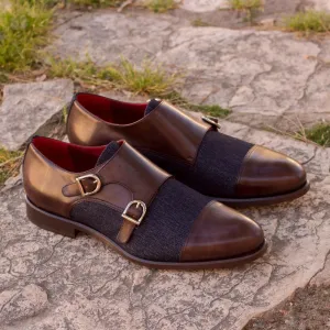 DapperFam Monaco in Dark Brown / Jeans Men's Sartorial & Italian Leather Double Monk