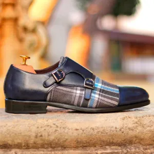 DapperFam Monaco in Plaid / Navy Men's Sartorial & Italian Leather Double Monk