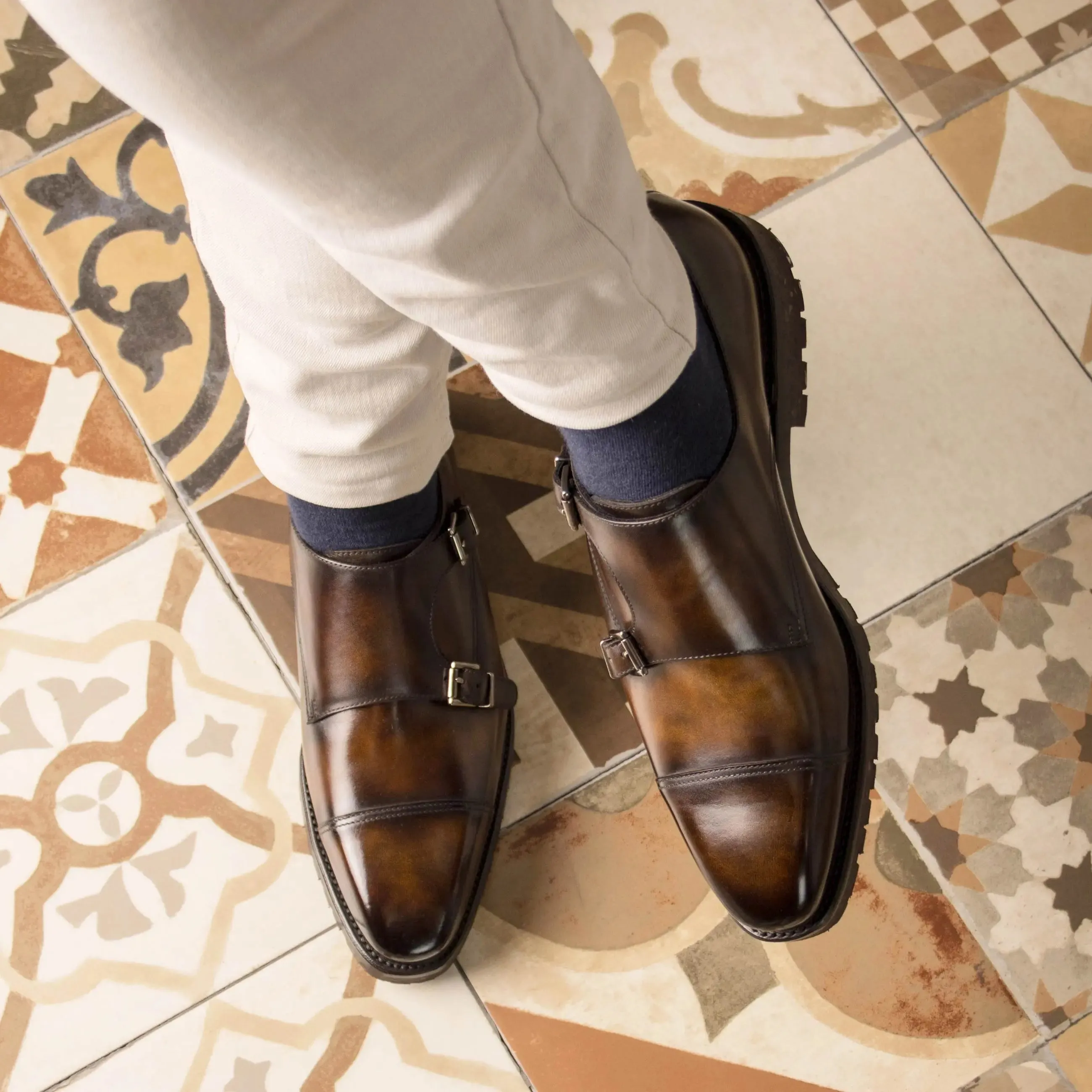 DapperFam Monaco in Tobacco Men's Hand-Painted Patina Double Monk