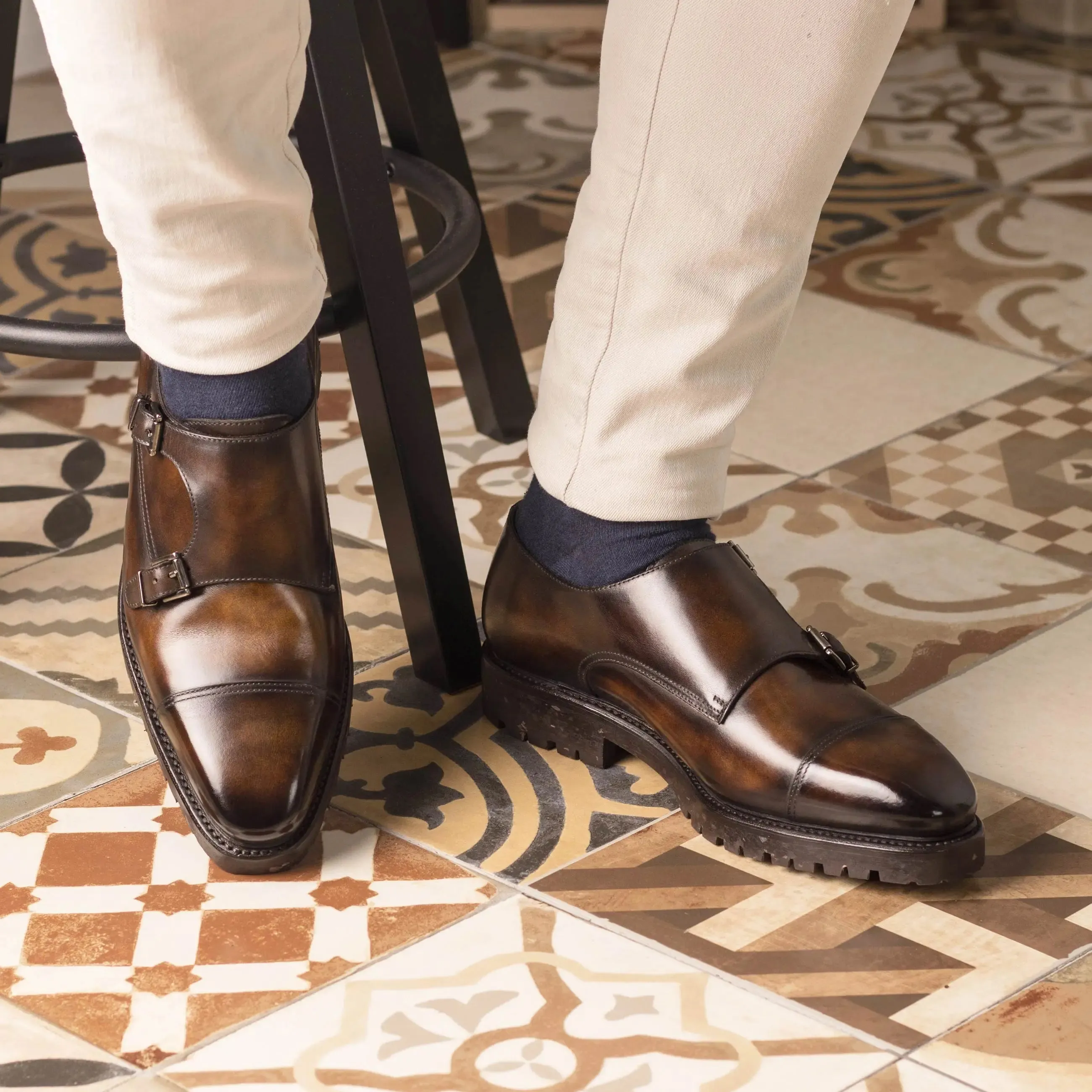 DapperFam Monaco in Tobacco Men's Hand-Painted Patina Double Monk