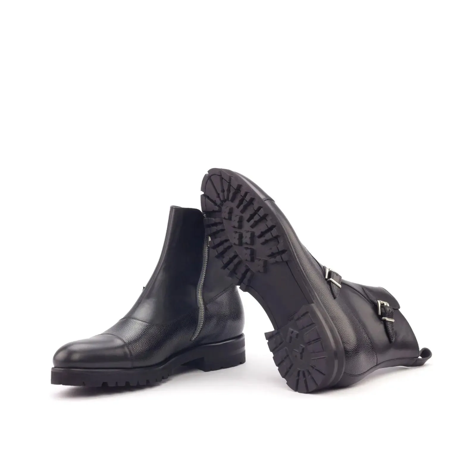 DapperFam Octavian in Black Men's Italian Leather & Italian Pebble Grain Leather Buckle Boot