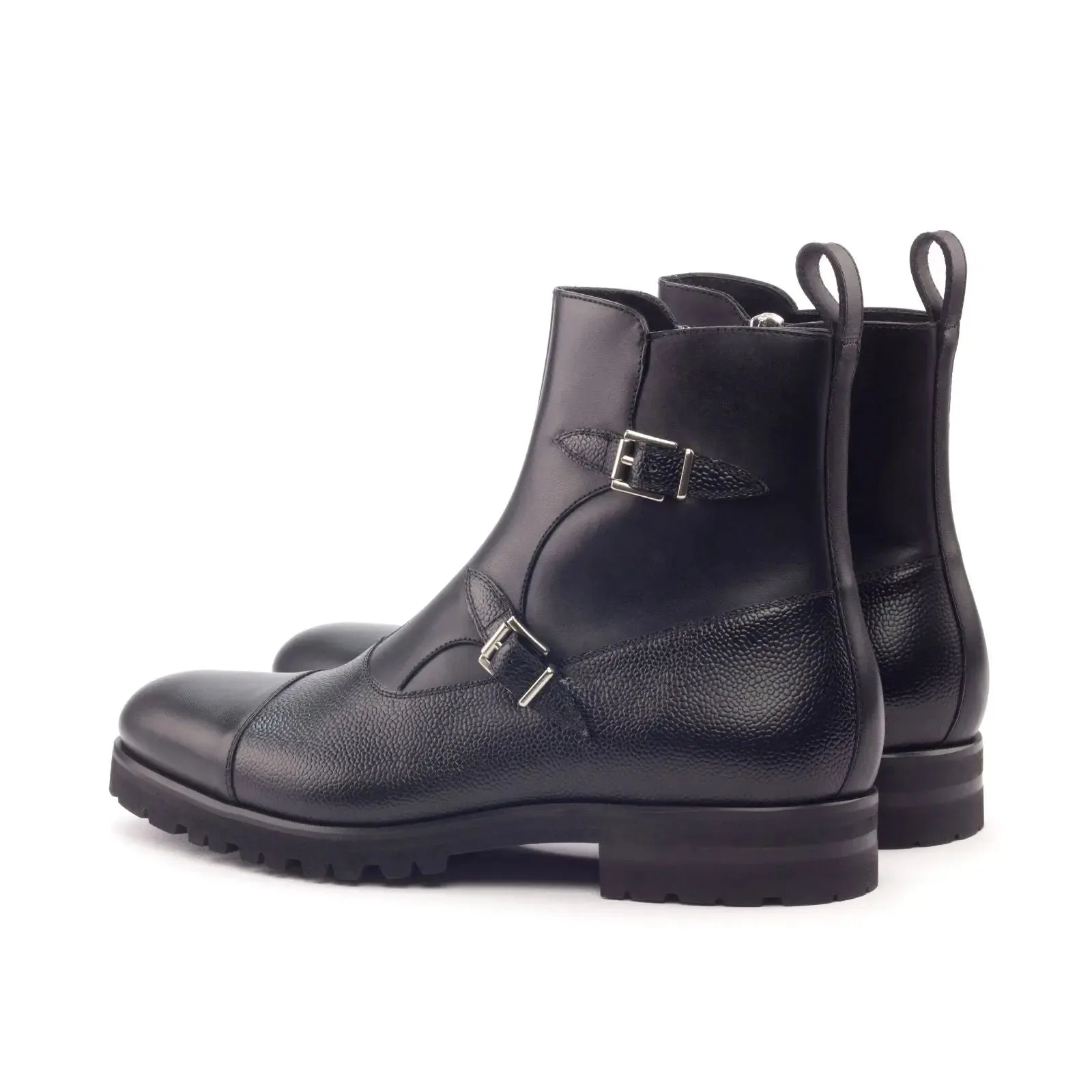 DapperFam Octavian in Black Men's Italian Leather & Italian Pebble Grain Leather Buckle Boot