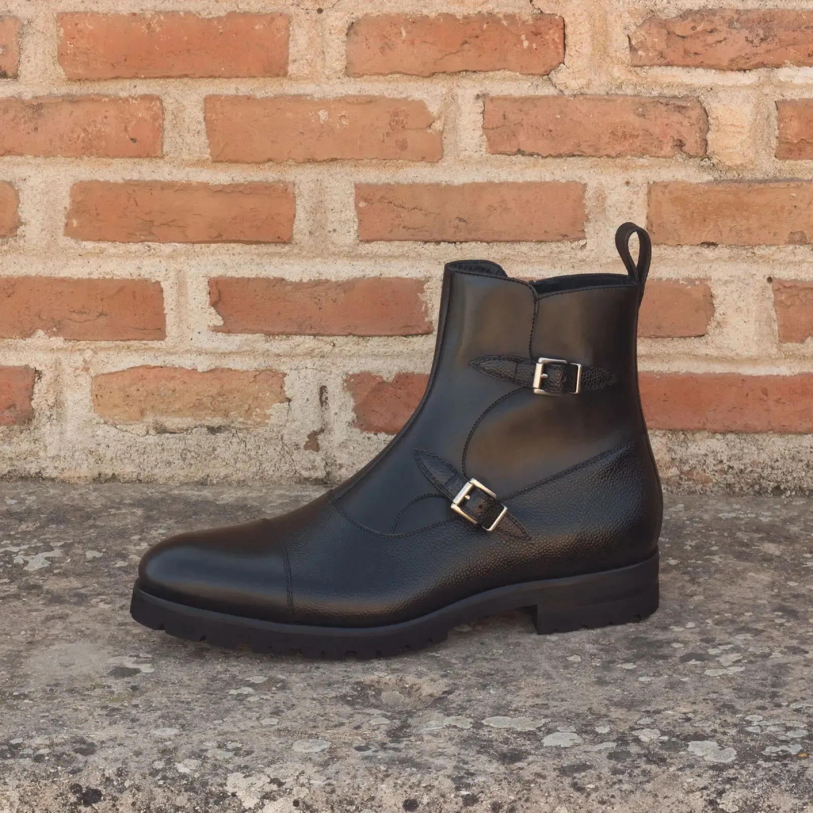DapperFam Octavian in Black Men's Italian Leather & Italian Pebble Grain Leather Buckle Boot