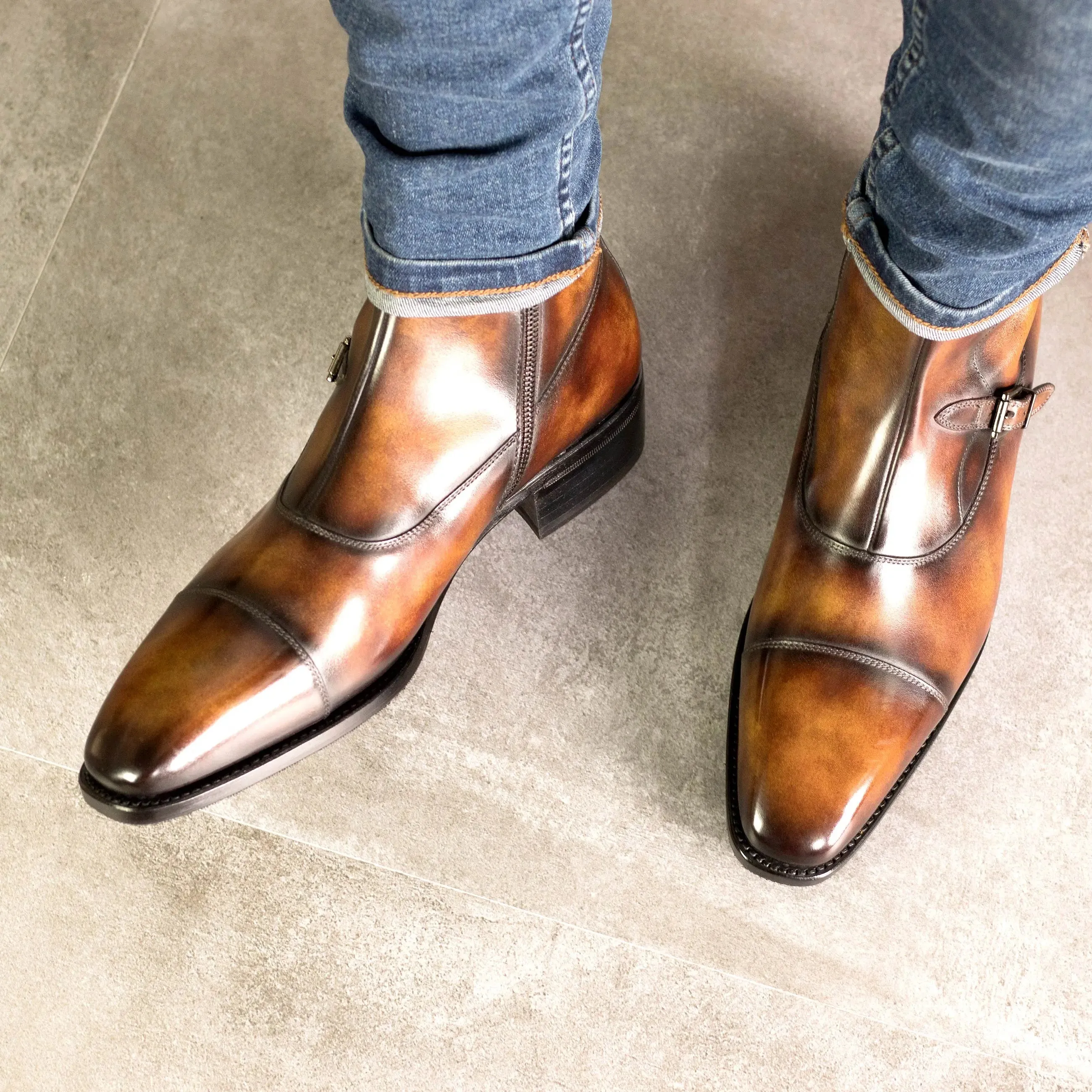 DapperFam Octavian in Fire Men's Hand-Painted Patina Buckle Boot