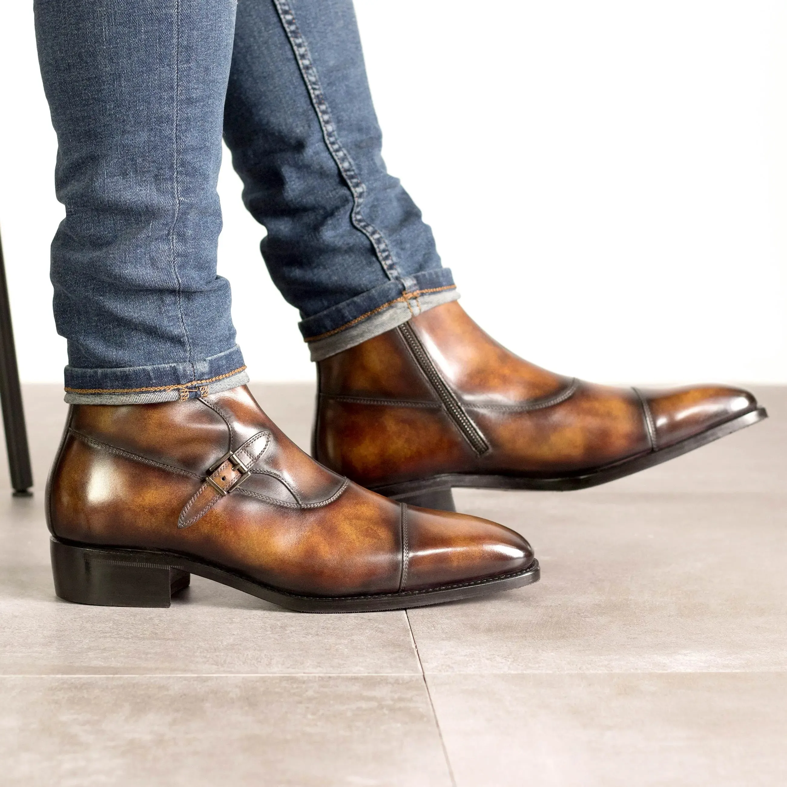 DapperFam Octavian in Fire Men's Hand-Painted Patina Buckle Boot