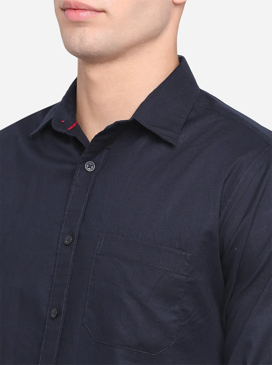 Dark Blue Solid Slim Fit Casual Shirt | Greenfibre