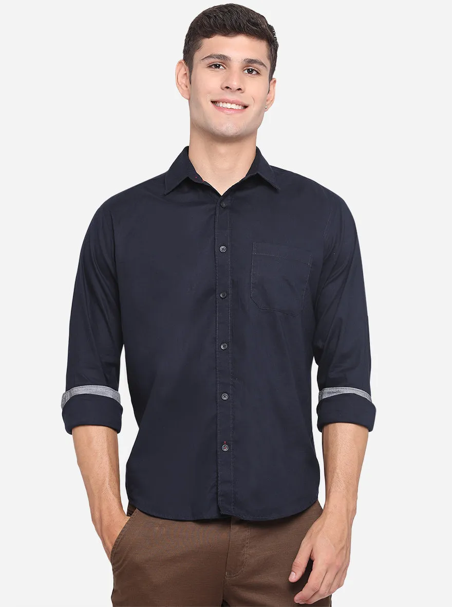 Dark Blue Solid Slim Fit Casual Shirt | Greenfibre
