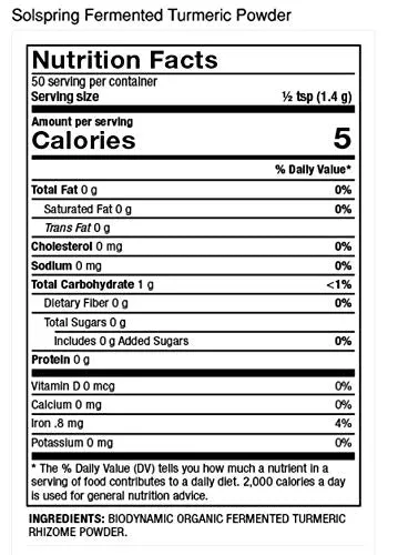 Dr. Mercola Solspring Biodynamic Organic Fermented Turmeric Powder, 2.40 oz. (50 porciones por contenedor), sin OMG, sin gluten, orgánica USDA, certificado de demómetro.