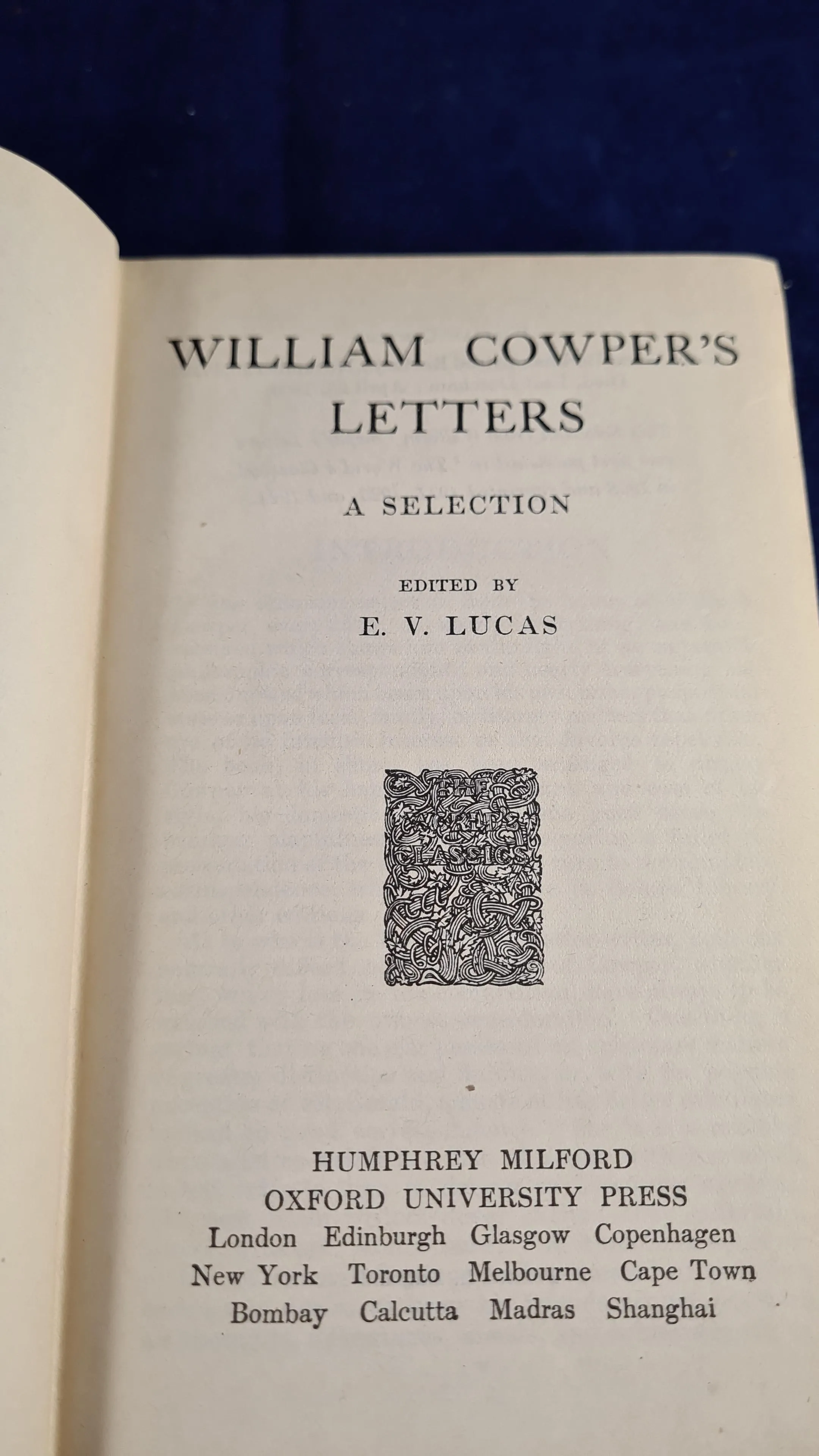 E V Lucas - William Cowper's Letters, Oxford University, 1924