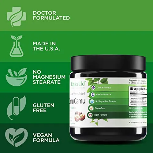 Emerald Labs Camu Camu – Ayuda a apoyar la desintoxicación corporal, fortalece el sistema inmunológico, soporta anti-envejecimiento, fuente de plantas vitamina C – 4.23 oz en polvo de fruta