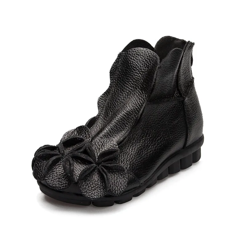 Flower Head Accent Sharon Leather Ankle Boots