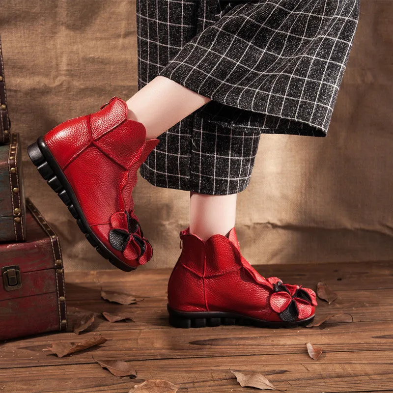 Flower Head Accent Sharon Leather Ankle Boots