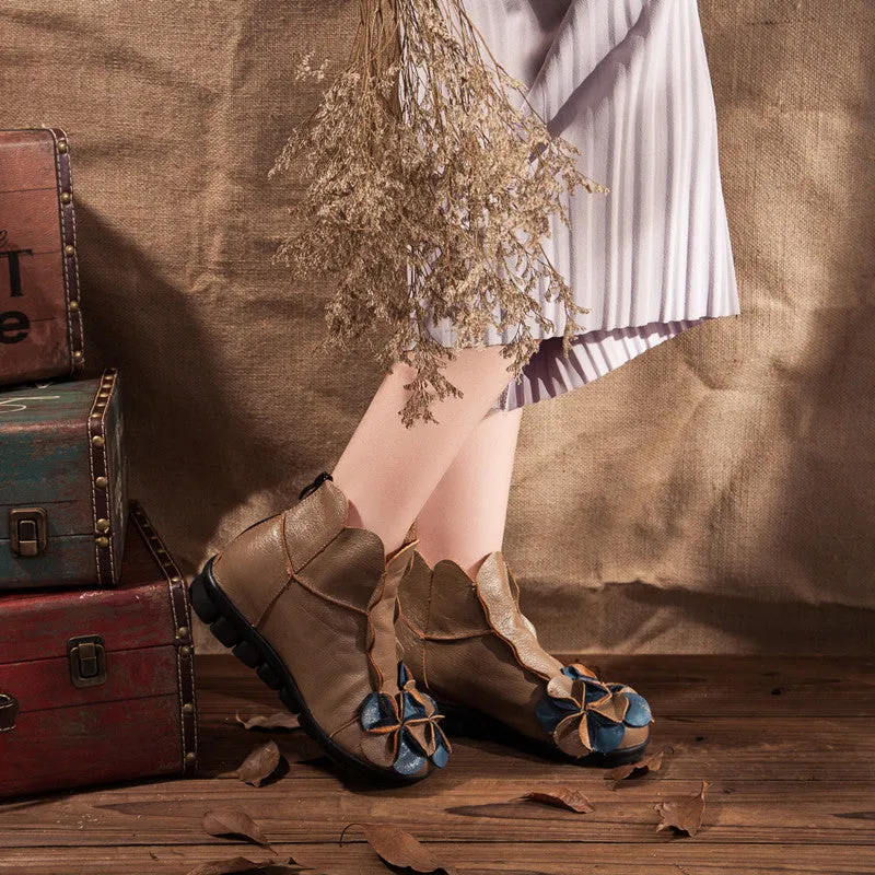 Flower Head Accent Sharon Leather Ankle Boots