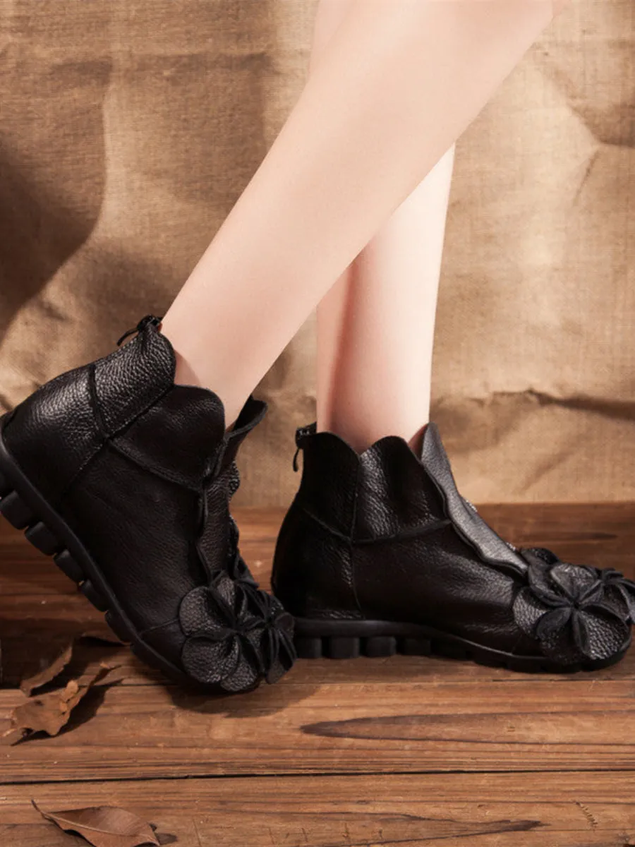 Flower Head Accent Sharon Leather Ankle Boots