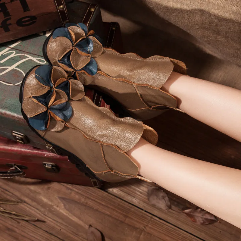 Flower Head Accent Sharon Leather Ankle Boots