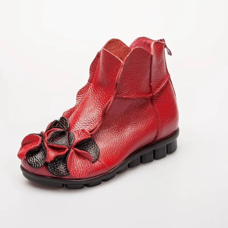 Flower Head Accent Sharon Leather Ankle Boots