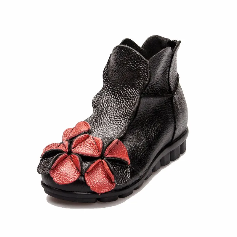 Flower Head Accent Sharon Leather Ankle Boots