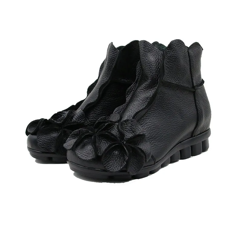 Flower Head Accent Sharon Leather Ankle Boots