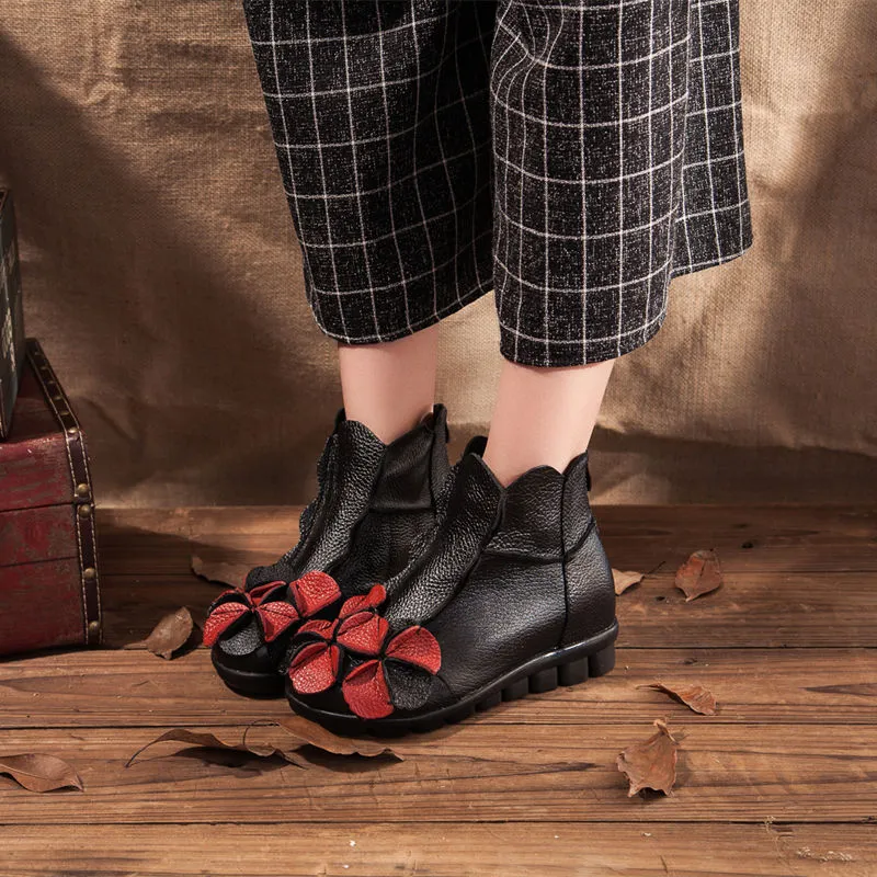 Flower Head Accent Sharon Leather Ankle Boots