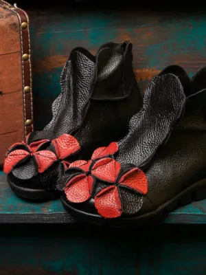 Flower Head Accent Sharon Leather Ankle Boots