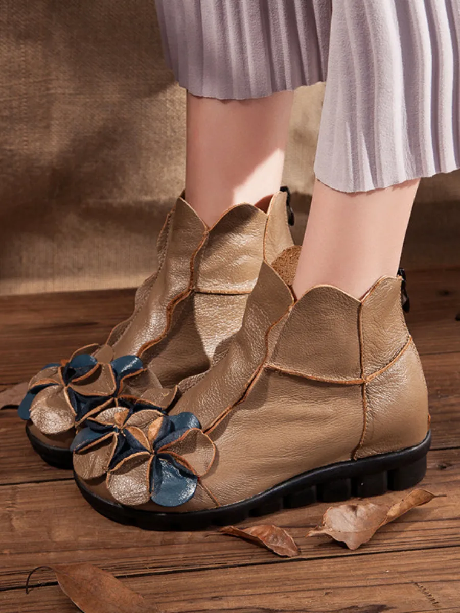 Flower Head Accent Sharon Leather Ankle Boots