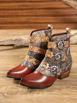 Genuine Leather Tri-Strap Font Zip Ankle Boots