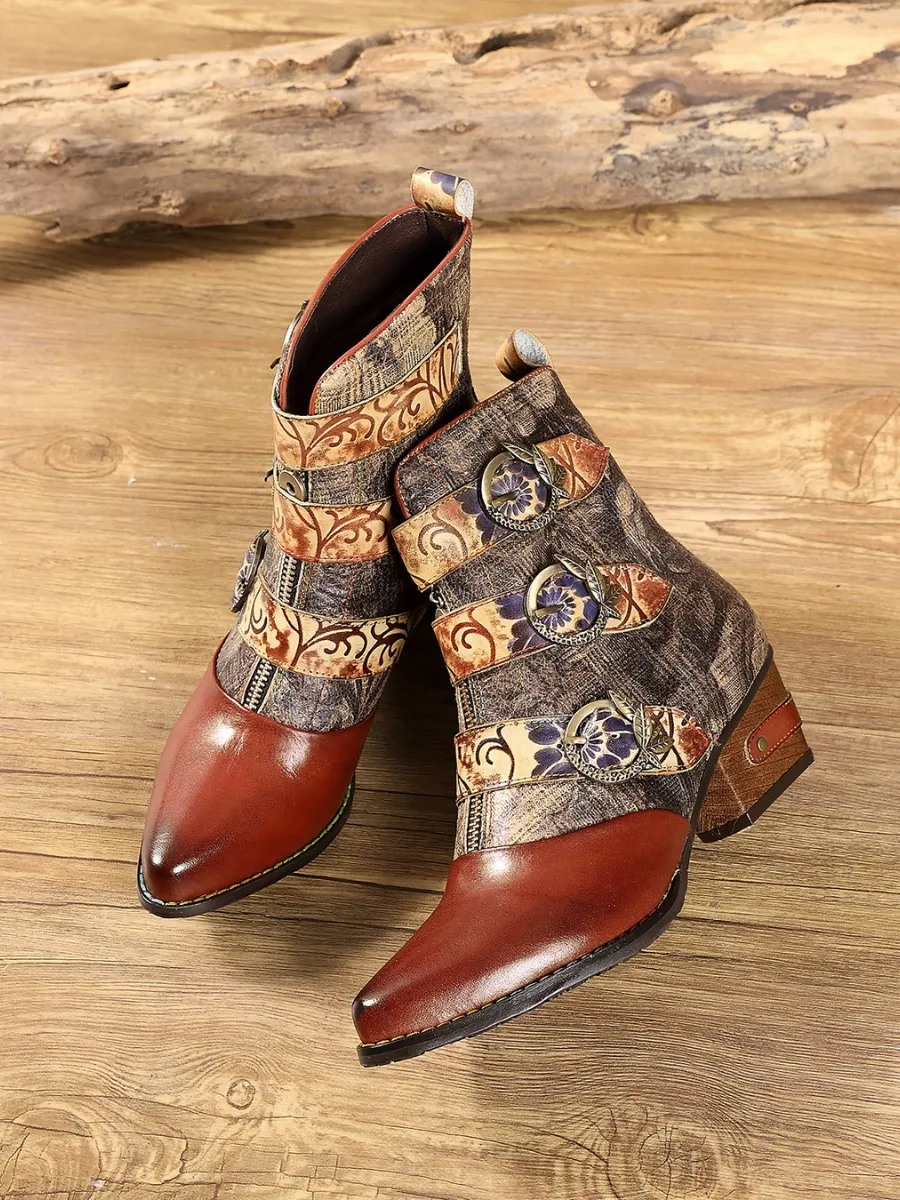 Genuine Leather Tri-Strap Font Zip Ankle Boots