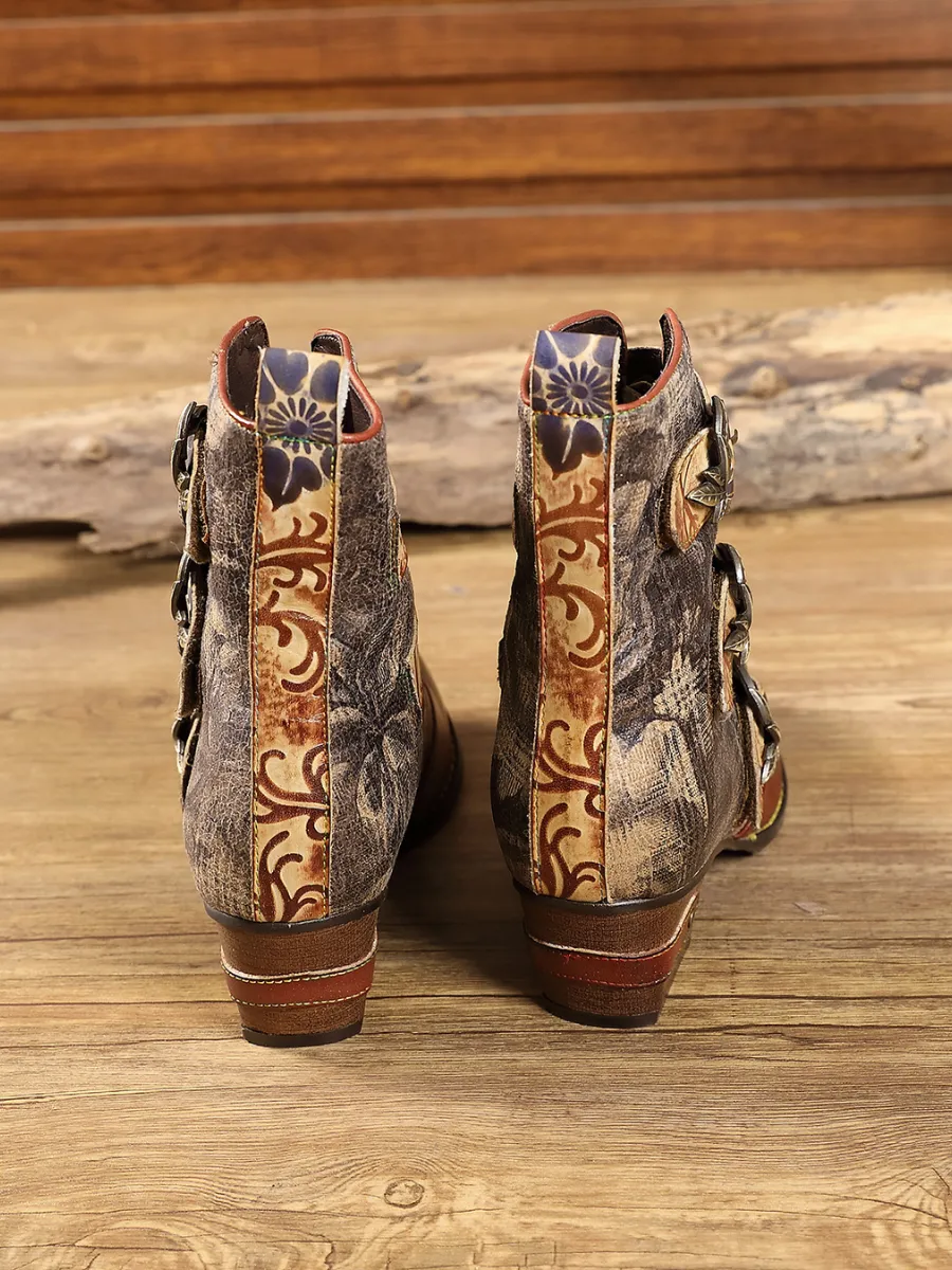 Genuine Leather Tri-Strap Font Zip Ankle Boots