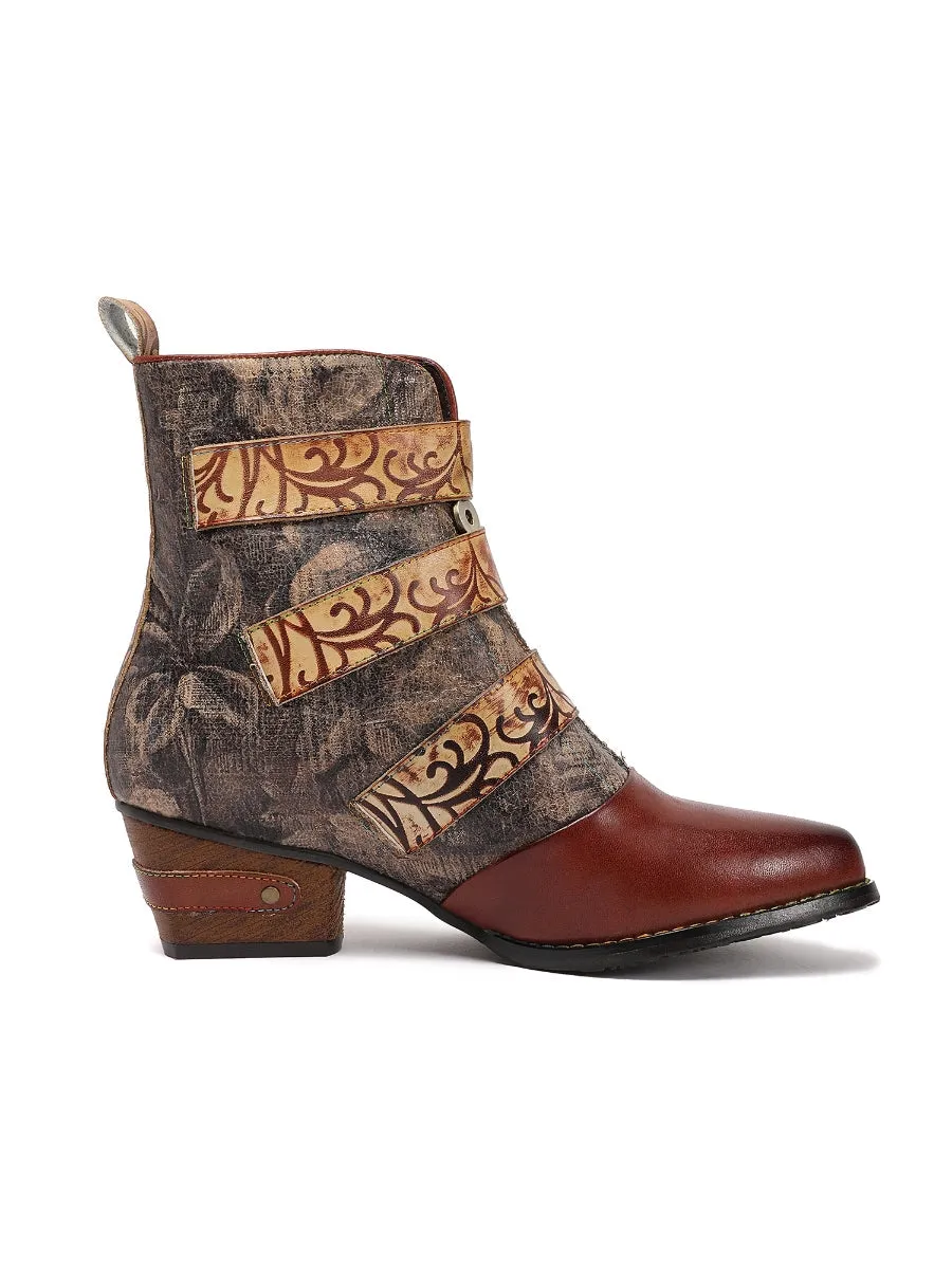 Genuine Leather Tri-Strap Font Zip Ankle Boots