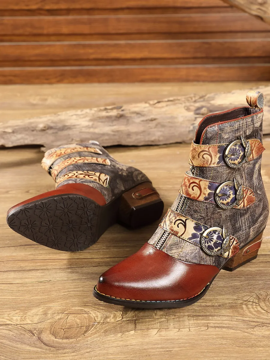 Genuine Leather Tri-Strap Font Zip Ankle Boots