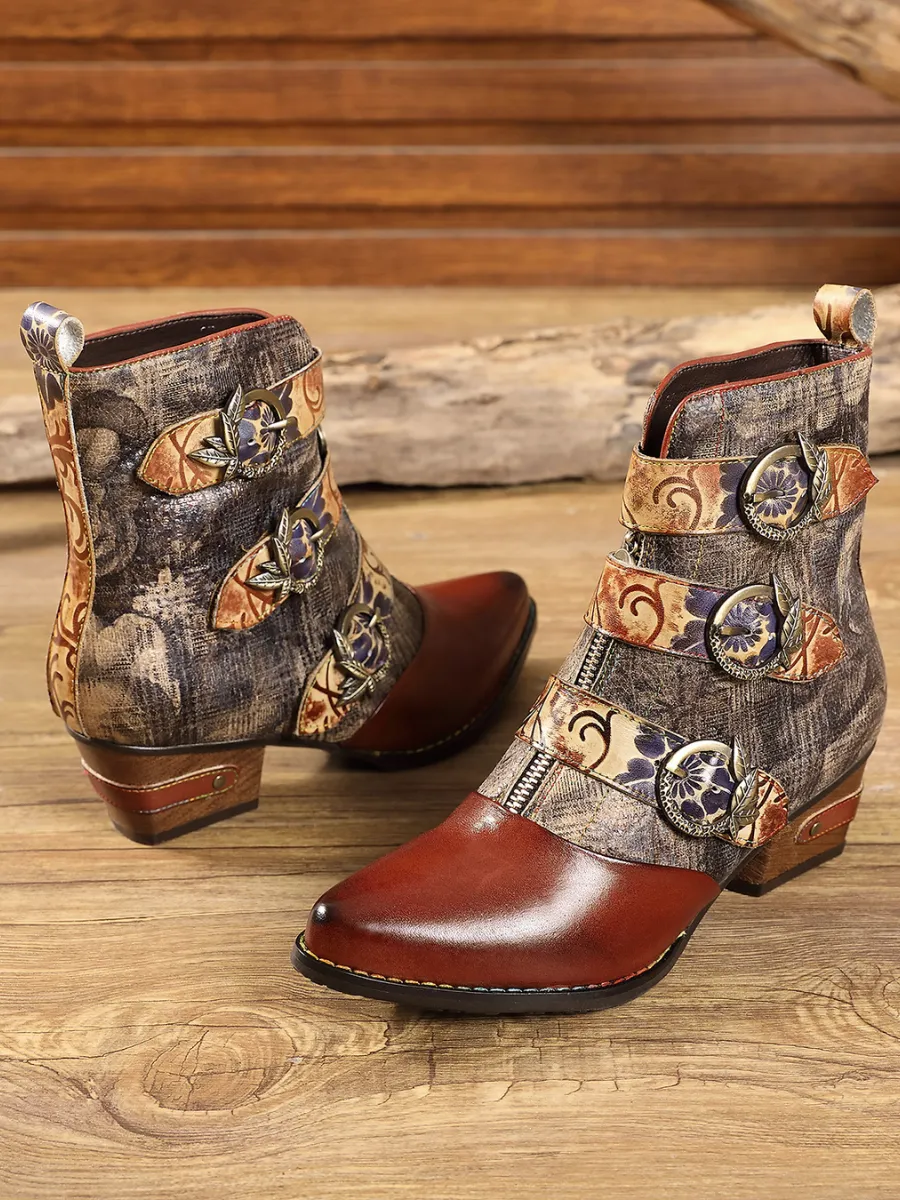 Genuine Leather Tri-Strap Font Zip Ankle Boots