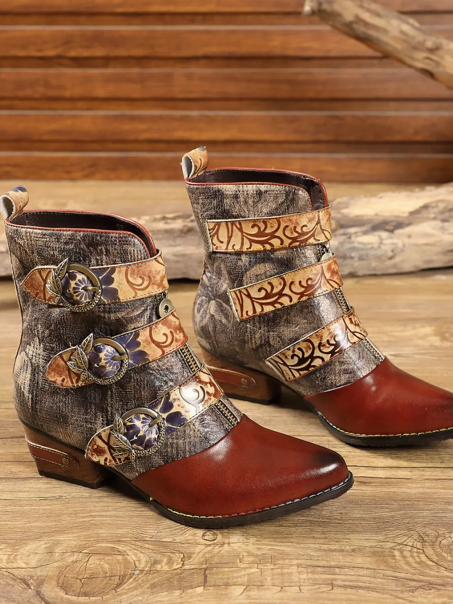 Genuine Leather Tri-Strap Font Zip Ankle Boots