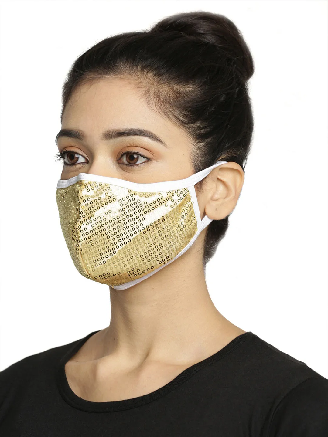Golden and Black With Sparkling Glitter Sequin Women Fashion Reusable Face Mask (Pack of 2)